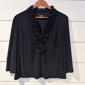 Adrianna Papell Black Ruffle Neck Blouse Romantic Evening Chic L